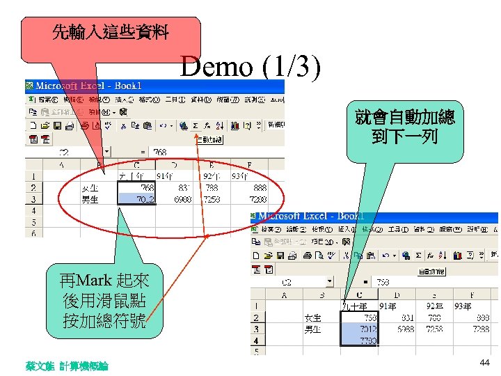 先輸入這些資料 Demo (1/3) 就會自動加總 到下一列 再Mark 起來 後用滑鼠點 按加總符號 蔡文能 計算機概論 44 