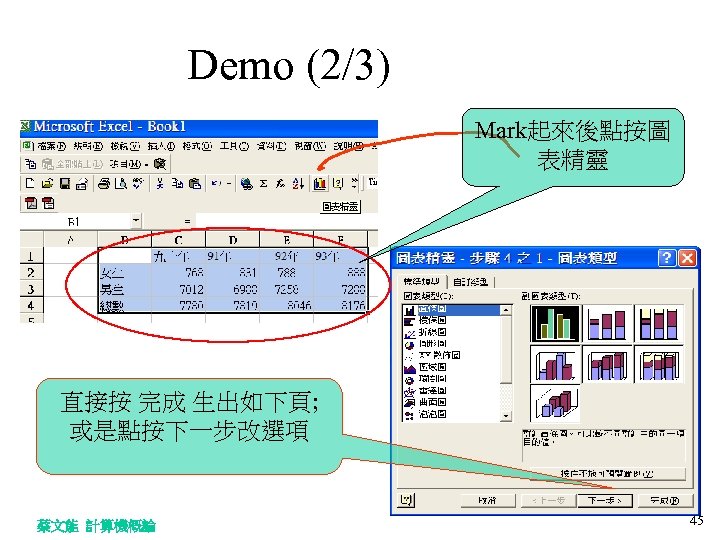 Demo (2/3) Mark起來後點按圖 表精靈 直接按 完成 生出如下頁; 或是點按下一步改選項 蔡文能 計算機概論 45 