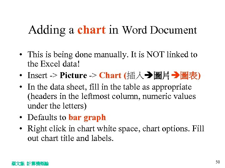 Adding a chart in Word Document • This is being done manually. It is