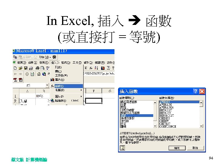 In Excel, 插入 函數 (或直接打 = 等號) 蔡文能 計算機概論 94 