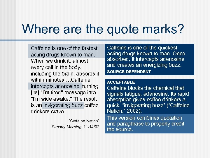 Where are the quote marks? Caffeine is one of the fastest acting drugs known