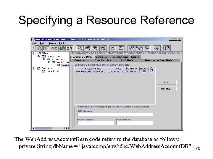 Specifying a Resource Reference The Web. Address. Account. Bean code refers to the database