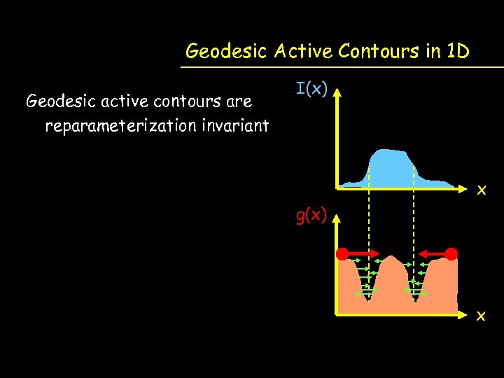 Geodesic Active Contours in 1 D Geodesic active contours are reparameterization invariant I(x) x