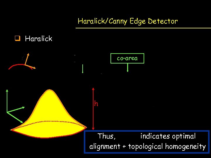 Haralick/Canny Edge Detector q Haralick co-area h Thus, indicates optimal alignment + topological homogeneity