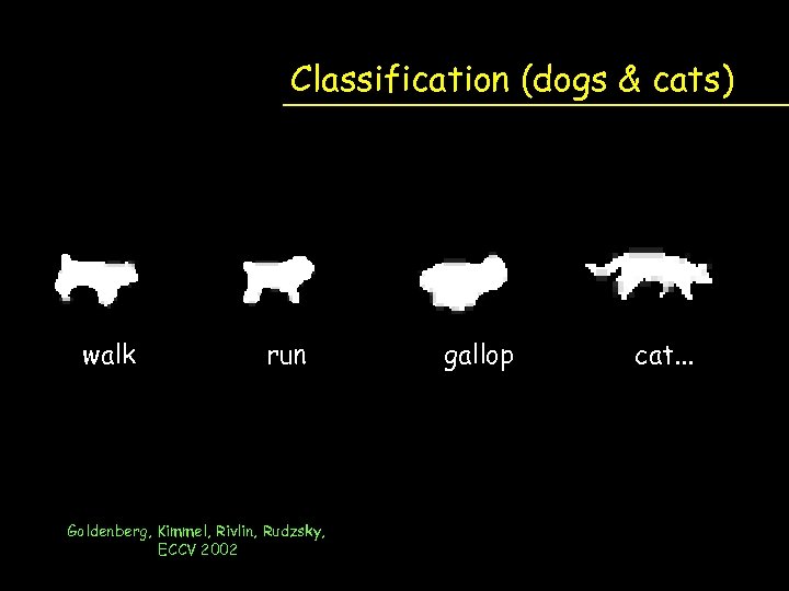 Classification (dogs & cats) walk run Goldenberg, Kimmel, Rivlin, Rudzsky, ECCV 2002 gallop cat.