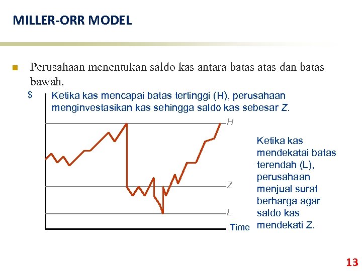 MILLER-ORR MODEL n Perusahaan menentukan saldo kas antara batas dan batas bawah. $ Ketika