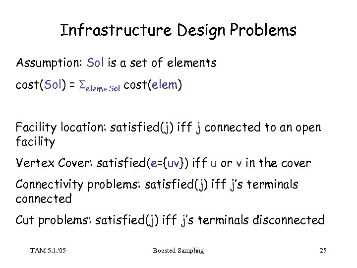 Infrastructure Design Problems Assumption: Sol is a set of elements cost(Sol) = elem Sol