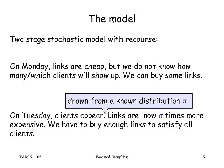 The model Two stage stochastic model with recourse: On Monday, links are cheap, but