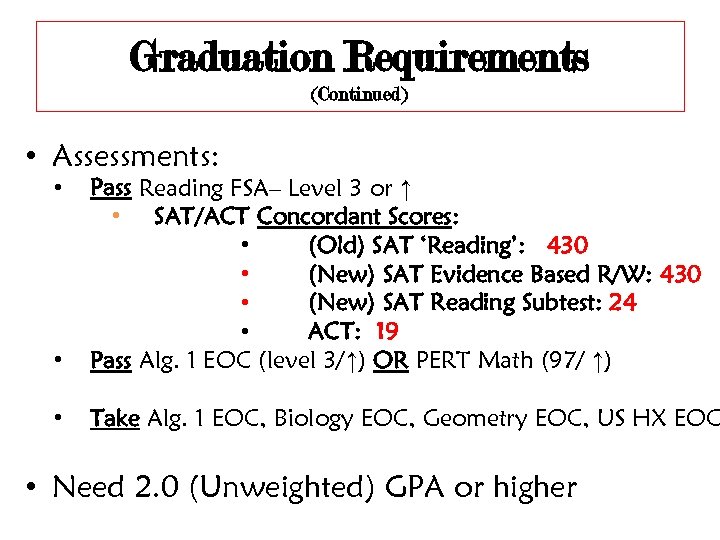 Graduation Requirements (Continued) • Assessments: • Pass Reading FSA– Level 3 or ↑ •