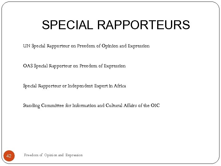 SPECIAL RAPPORTEURS UN Special Rapporteur on Freedom of Opinion and Expression OAS Special Rapporteur