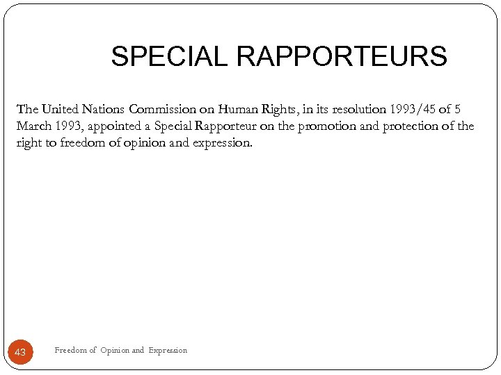 SPECIAL RAPPORTEURS The United Nations Commission on Human Rights, in its resolution 1993/45 of