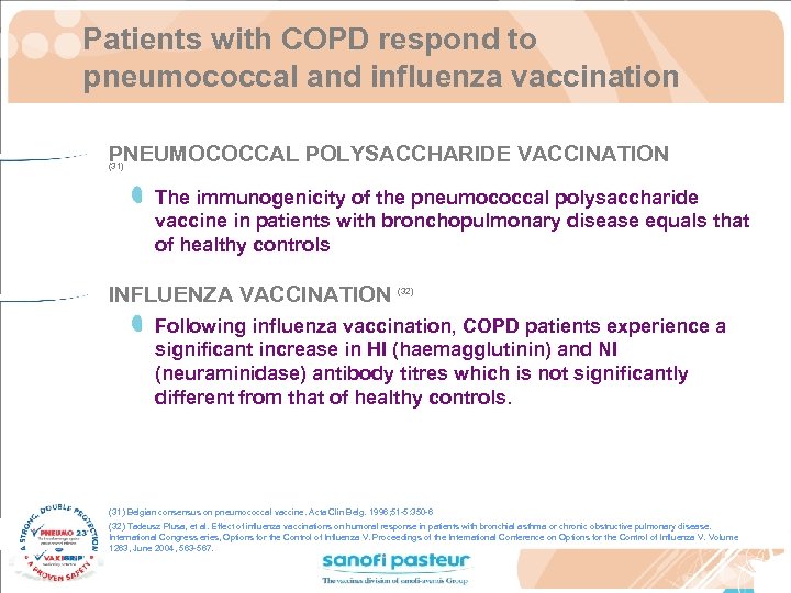 Patients with COPD respond to pneumococcal and influenza vaccination PNEUMOCOCCAL POLYSACCHARIDE VACCINATION (31) The