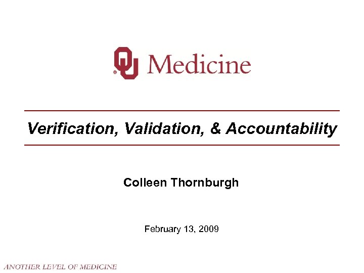 Verification, Validation, & Accountability Colleen Thornburgh February 13, 2009 