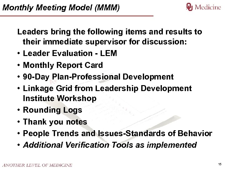 Monthly Meeting Model (MMM) Leaders bring the following items and results to their immediate