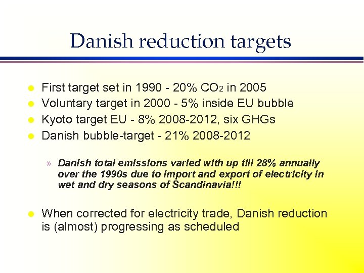 Danish reduction targets l l First target set in 1990 - 20% CO 2