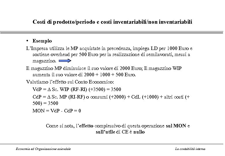 Costi di prodotto/periodo e costi inventariabili/non inventariabili • Esempio L’Impresa utilizza le MP acquistate