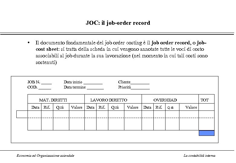 JOC: il job-order record • Il documento fondamentale del job order costing è il
