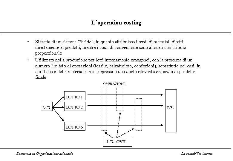 L’operation costing • • Si tratta di un sistema “ibrido”, in quanto attribuisce i
