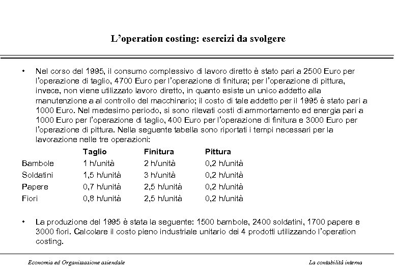 L’operation costing: esercizi da svolgere • Nel corso del 1995, il consumo complessivo di