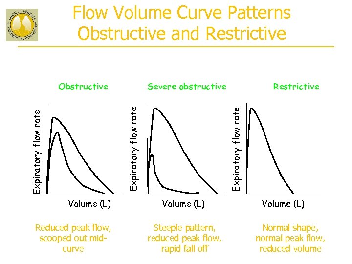 Flow Volume Curve Patterns Obstructive and Restrictive Severe obstructive Volume (L) Reduced peak flow,