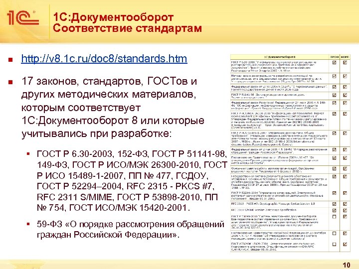 1 С: Документооборот Соответствие стандартам n n http: //v 8. 1 c. ru/doc 8/standards.