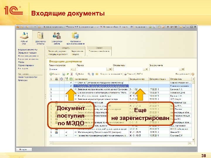 Входящие документы Документ поступил по МЭДО Еще не зарегистрирован 38 