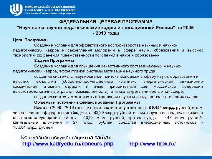 ФЕДЕРАЛЬНАЯ ЦЕЛЕВАЯ ПРОГРАММА "Научные и научно-педагогические кадры инновационной России" на 2009 - 2013 годы