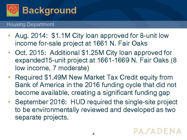 Background Housing Department • Aug. 2014: $1. 1 M City loan approved for 8