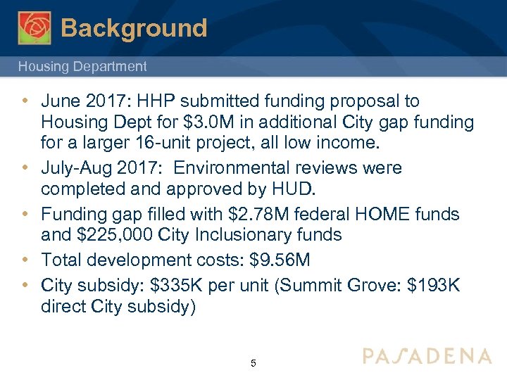 Background Housing Department • June 2017: HHP submitted funding proposal to Housing Dept for