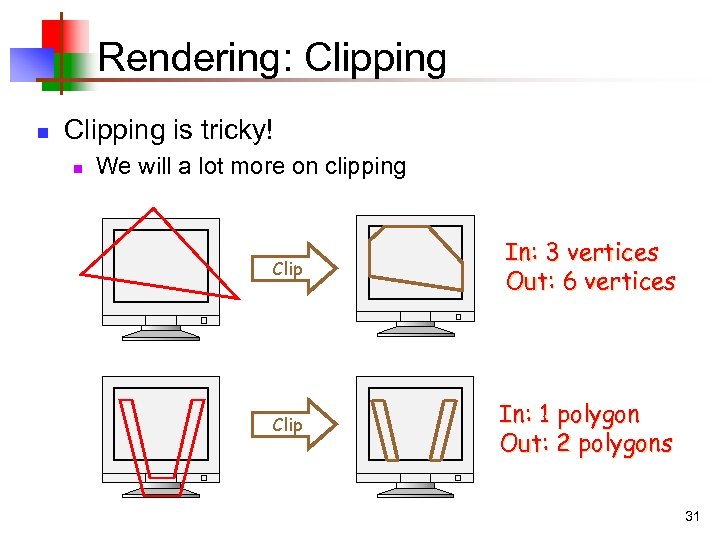 Rendering: Clipping n Clipping is tricky! n We will a lot more on clipping
