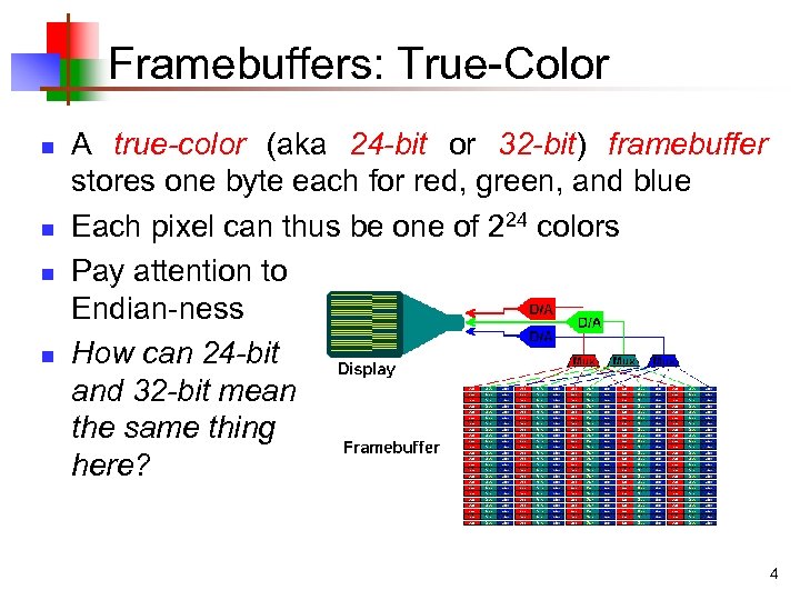 Framebuffers: True-Color n n A true-color (aka 24 -bit or 32 -bit) framebuffer stores