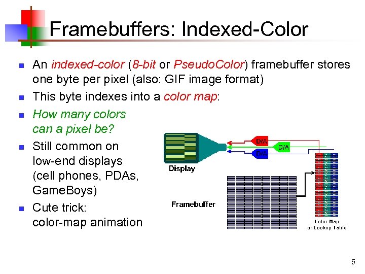 Framebuffers: Indexed-Color n n n An indexed-color (8 -bit or Pseudo. Color) framebuffer stores