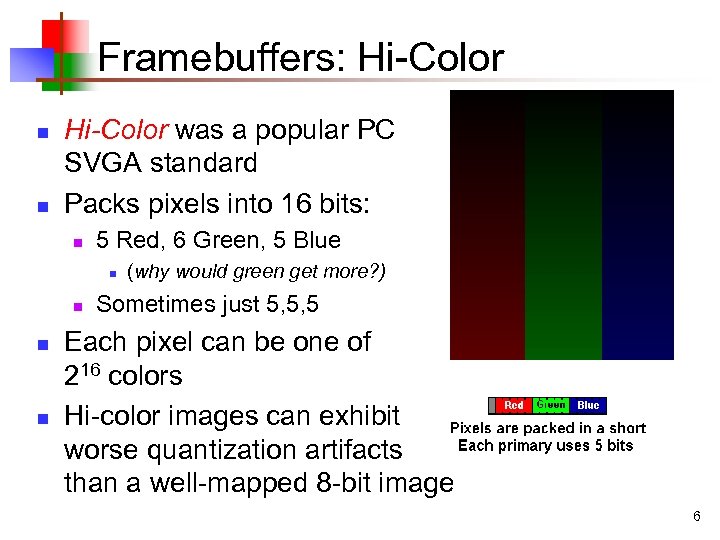 Framebuffers: Hi-Color n n Hi-Color was a popular PC SVGA standard Packs pixels into