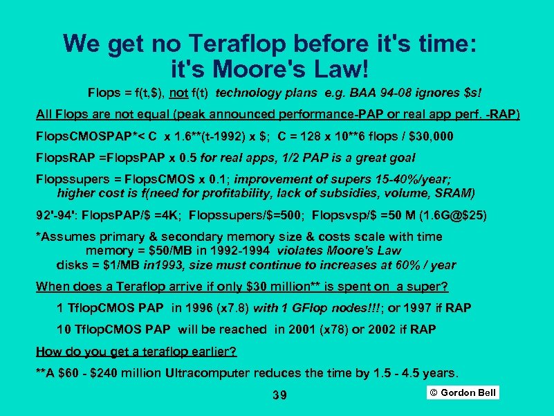 We get no Teraflop before it's time: it's Moore's Law! Flops = f(t, $),