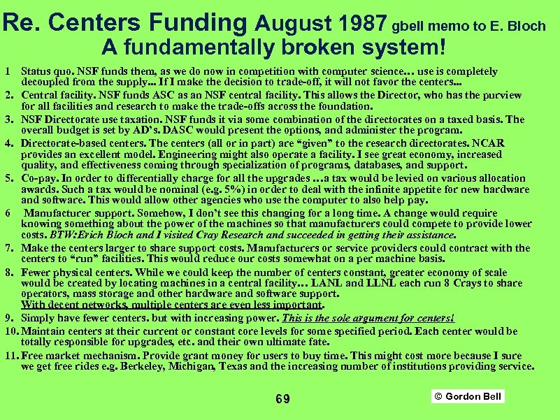 Re. Centers Funding August 1987 gbell memo to E. Bloch A fundamentally broken system!