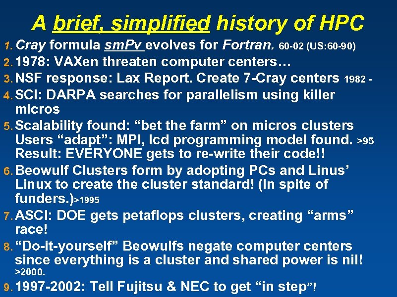 A brief, simplified history of HPC 1. Cray formula sm. Pv evolves for Fortran.