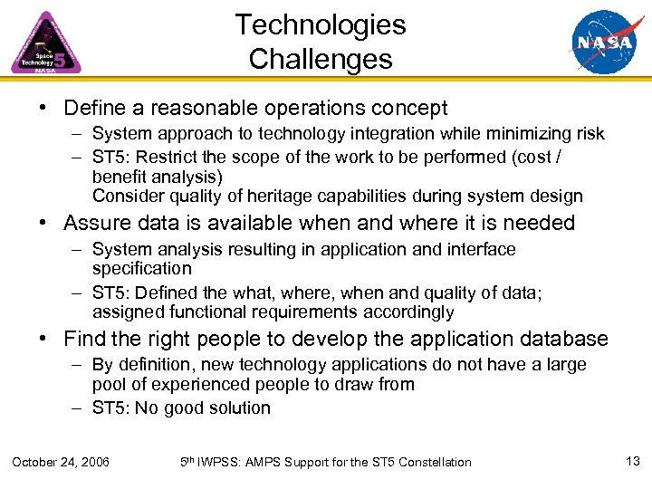 Technologies Challenges • Define a reasonable operations concept – System approach to technology integration