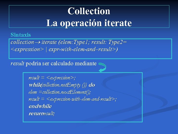 Collection La operación iterate Sintaxis collection iterate (elem: Type 1; result: Type 2= <expression>