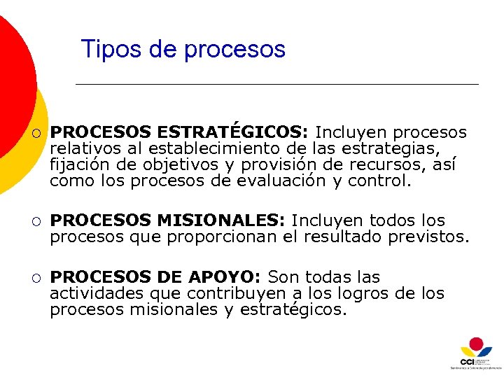 Tipos de procesos ¡ PROCESOS ESTRATÉGICOS: Incluyen procesos relativos al establecimiento de las estrategias,
