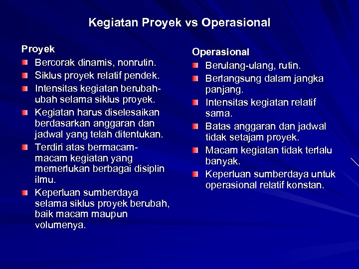 Kegiatan Proyek vs Operasional Proyek Bercorak dinamis, nonrutin. Siklus proyek relatif pendek. Intensitas kegiatan