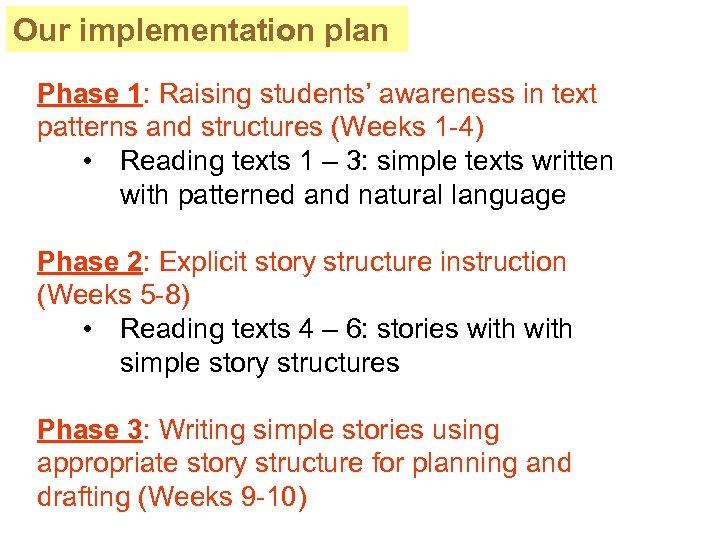 Our implementation plan Phase 1: Raising students’ awareness in text patterns and structures (Weeks
