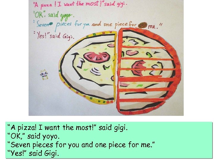 “A pizza! I want the most!” said gigi. “OK, ” said yoyo. “Seven pieces