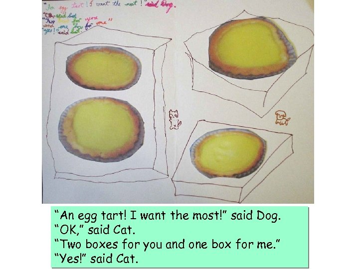 “An egg tart! I want the most!” said Dog. “OK, ” said Cat. “Two