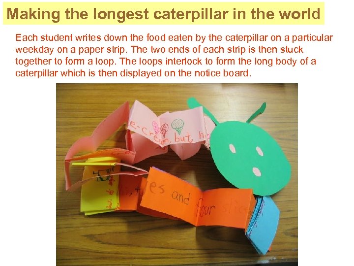 Making the longest caterpillar in the world Each student writes down the food eaten