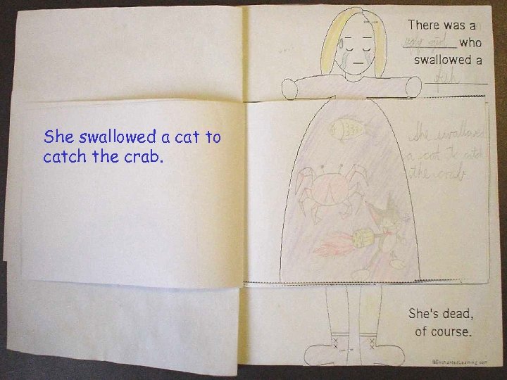 She swallowed a cat to catch the crab. 