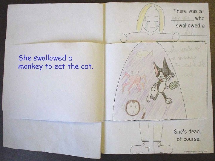 She swallowed a monkey to eat the cat. 