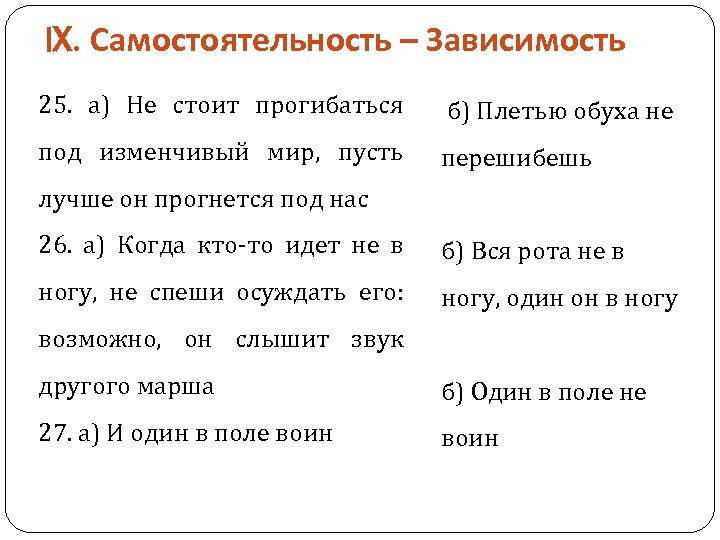 IX. Самостоятельность – Зависимость 25. а) Не стоит прогибаться б) Плетью обуха не под