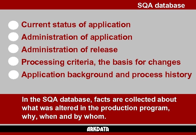 SQA database Current status of application Administration of release Processing criteria, the basis for