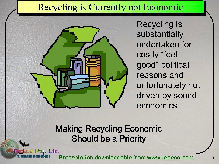 Recycling is Currently not Economic Recycling is substantially undertaken for costly “feel good” political