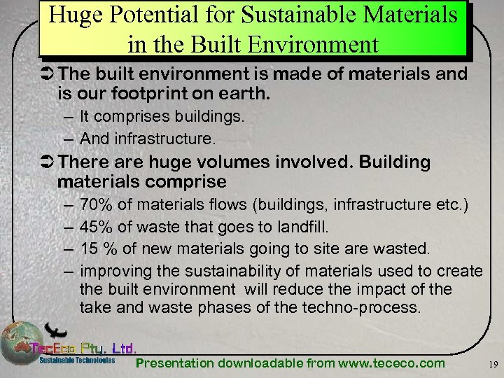 Huge Potential for Sustainable Materials in the Built Environment Ü The built environment is